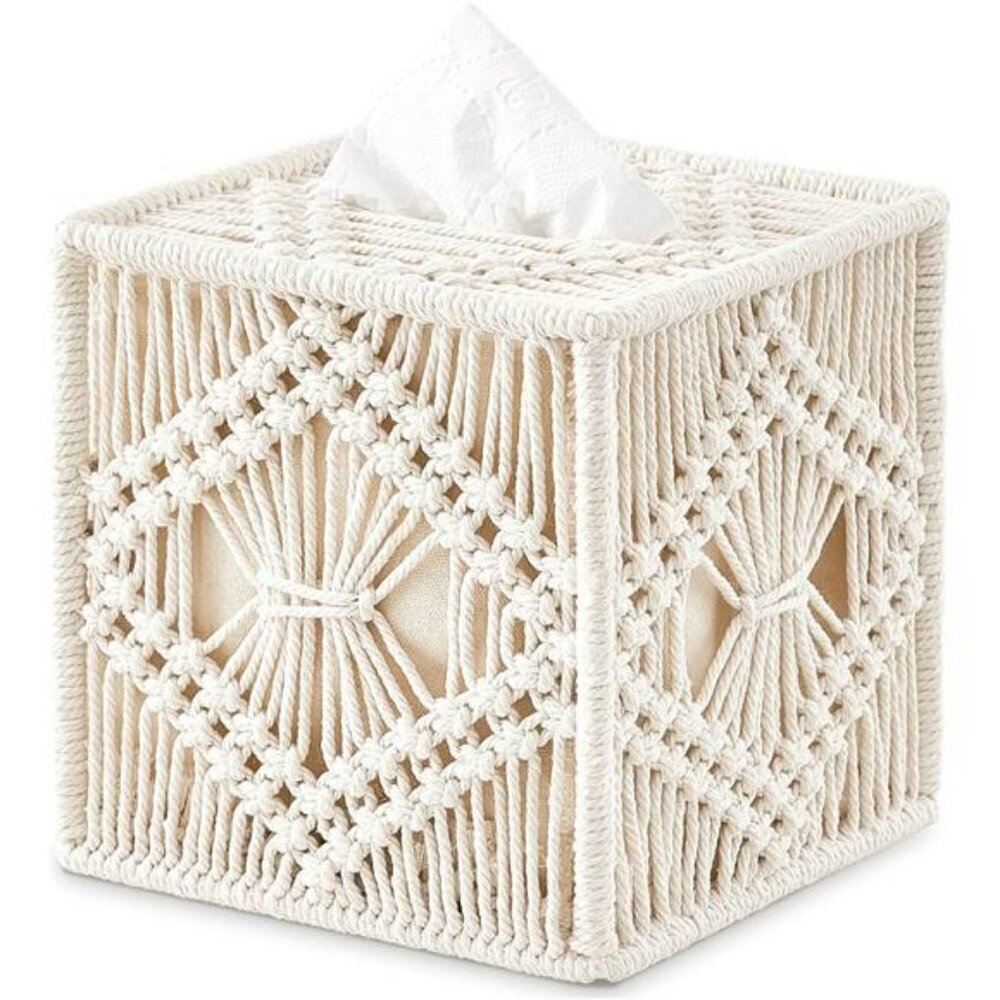 Macrame tissue box cover square woven boho tissue holder bathroom bedroom decor